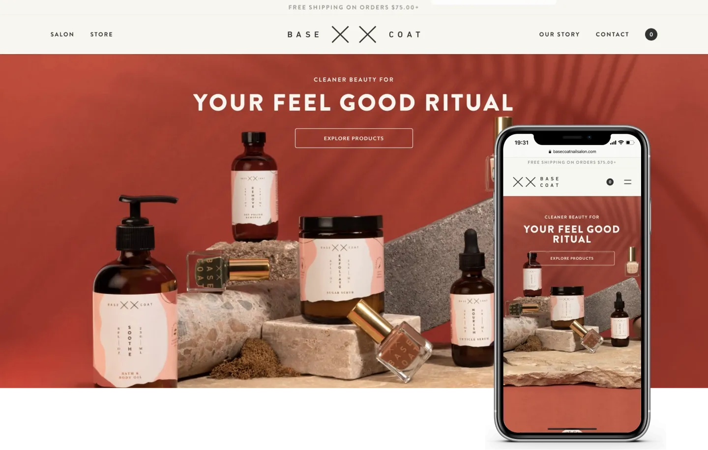 Example of design and functionality responsiveness on different devices: Base Coat Nail Salon