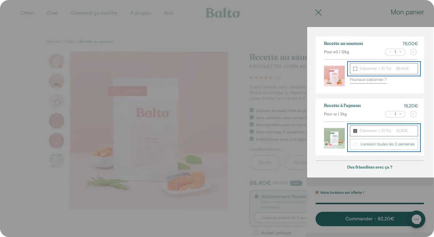 The cart drawer with the option to get a subscription is displayed on the product page