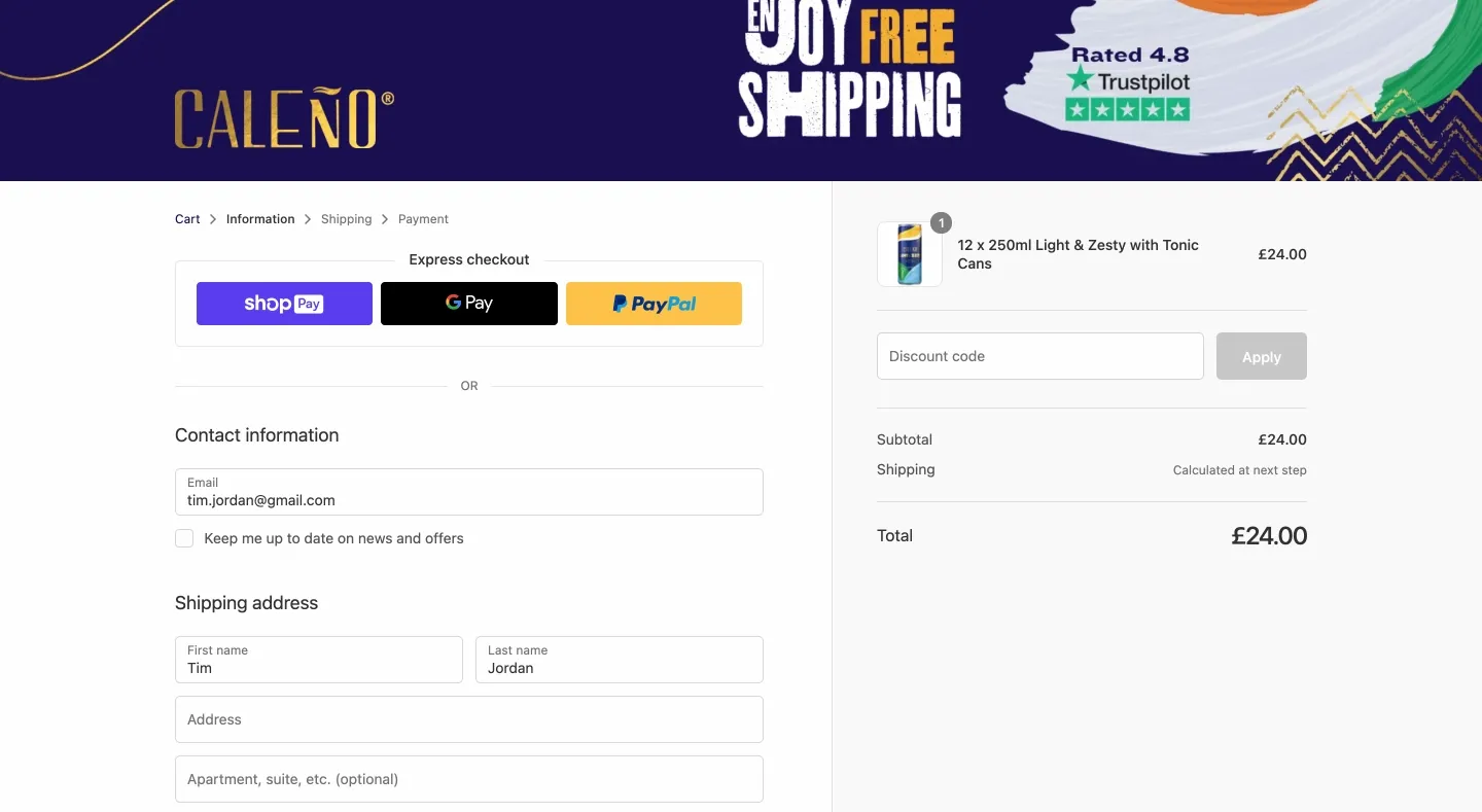 Example of straightforward checkout: Caleno Drinks
